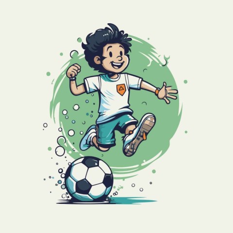 Soccer player jumping and kicking the ball. Vector illustration