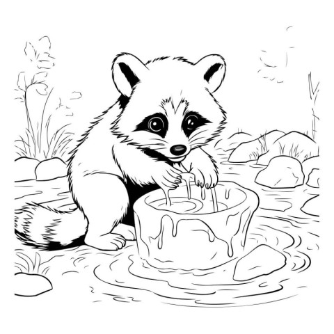 Vector illustration of cute raccoon drinking water from a bowl.