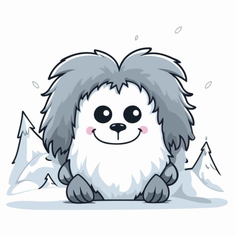 Cute cartoon dog sitting on the snowy mountain. Vector illustrat