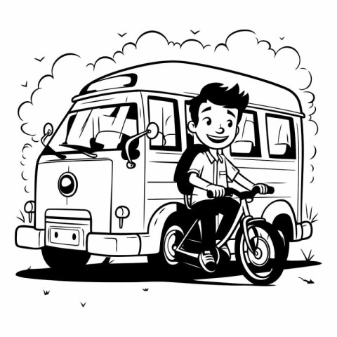 Vector illustration of a schoolboy riding a bike on a school bus