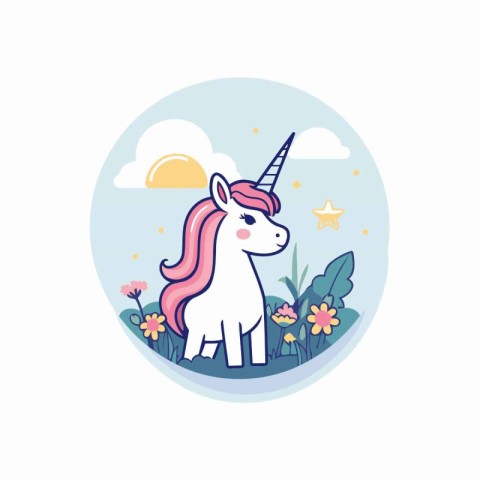 Unicorn in the circle. Cute cartoon vector illustration.