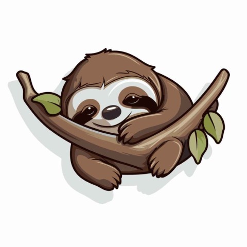 Cute cartoon sloth hanging on a branch. Vector illustration.