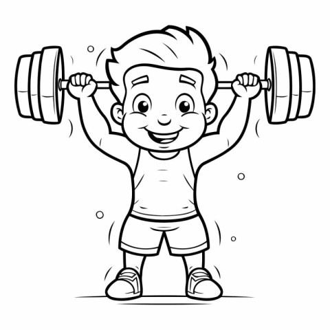 Cartoon illustration of a little boy lifting a barbell and smili