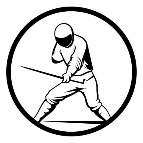 Illustration of a fencer with sword in circle done in retro wood