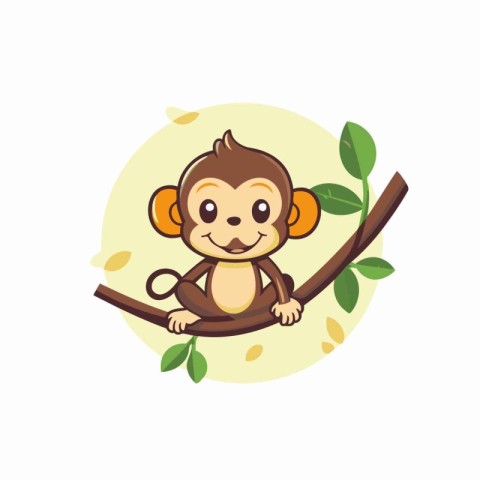 Cute cartoon monkey sitting on a tree branch. Vector illustratio