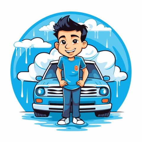 Cartoon boy standing next to his car. Vector illustration on whi