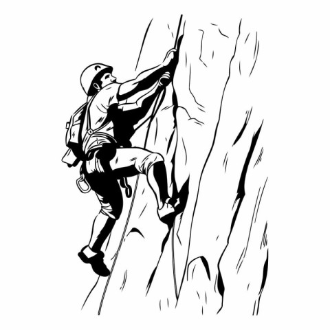 Vector illustration of a rock climber on a cliff. Black and whit