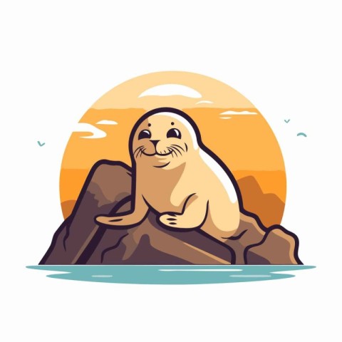 Cute seal on the rock in the sea. Vector illustration.