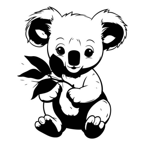 Cute cartoon koala holding a leaf in its paws. Vector illustrati