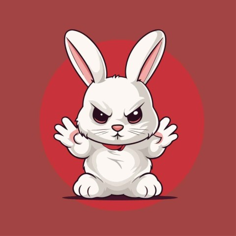 Cute cartoon white rabbit isolated on red background. Vector ill