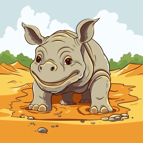 Cartoon rhinoceros in the mud. Vector illustration.