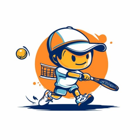 Cute cartoon boy playing tennis. Vector illustration for your de