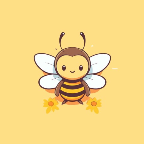 Cute cartoon bee character with flowers. Vector illustration iso