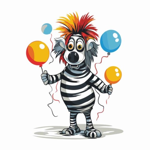 Cartoon koala clown with balloons isolated on white background.