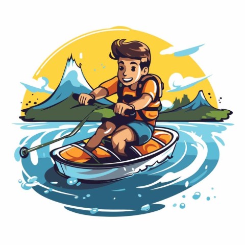 Young man rowing on a boat in the river. Vector illustration.