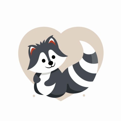 Cute cartoon raccoon with heart. Vector illustration in flat sty