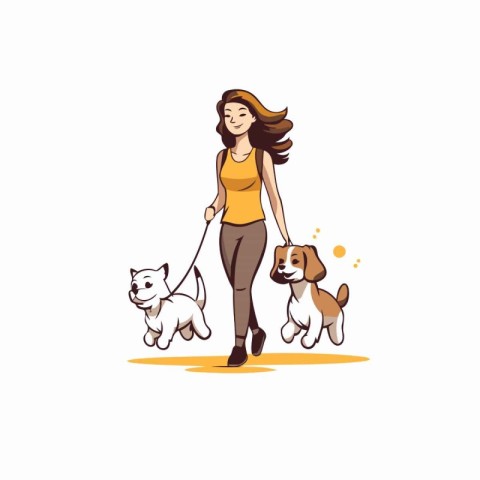 Woman walking with her dogs. Vector illustration in a flat style