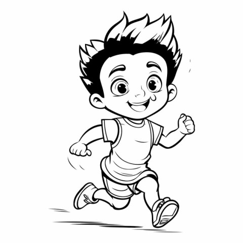 Black and white cartoon illustration of a boy running in a hurry