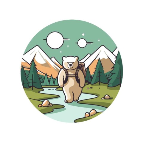 Vector illustration of a bear with a backpack on the background