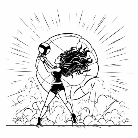 Girl with a soccer ball. Vector illustration in black and white.