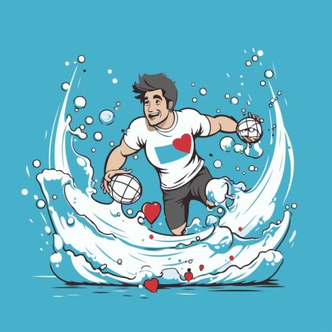 Rugby player with ball in the water. Vector illustration.