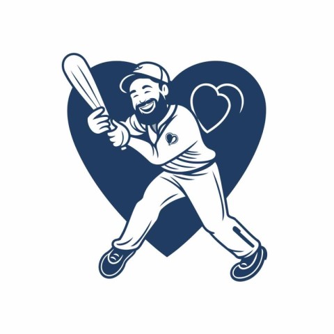 Baseball player with bat and ball in heart shape. Vector illustr