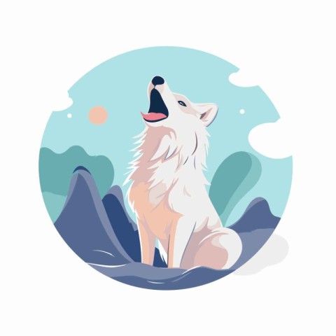 Vector illustration of a cute white wolf sitting on the backgrou