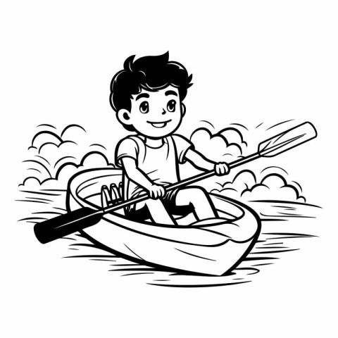 Cute boy rowing in a canoe - black and white vector illustration