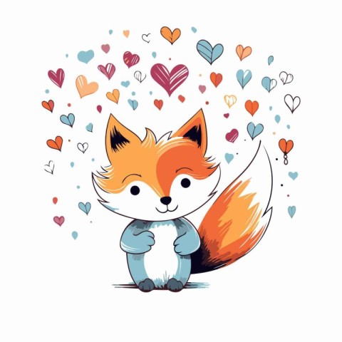 Cute fox with hearts. Vector illustration in cartoon style on wh