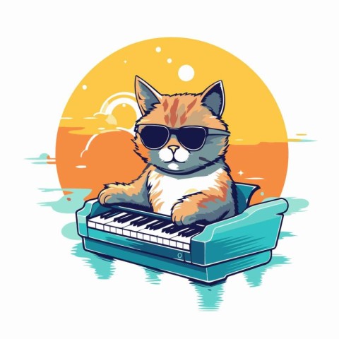 Vector illustration of a cat playing the piano on the sunset bac