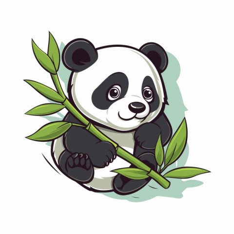 Cute cartoon panda sitting on a bamboo branch. Vector illustrati