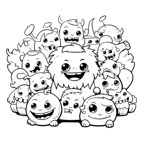 Black and White Cartoon Illustration of Funny Monsters Group for