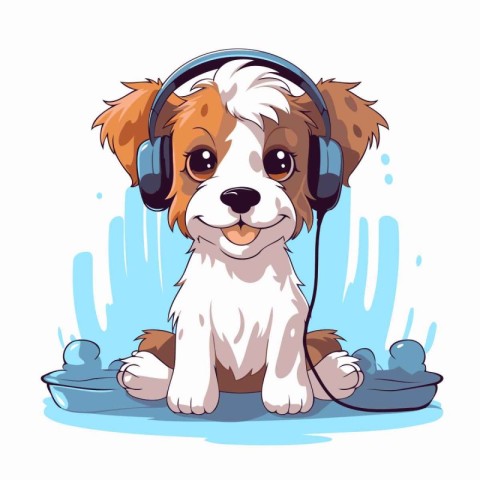 Cute cartoon dog with headphones listening to music. Vector illu