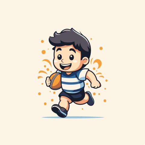 Cute little boy running with a rugby ball. Vector illustration.