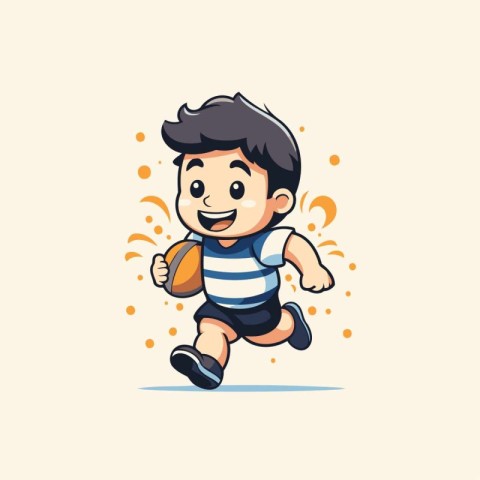 Cute little boy running with a rugby ball. Vector illustration.