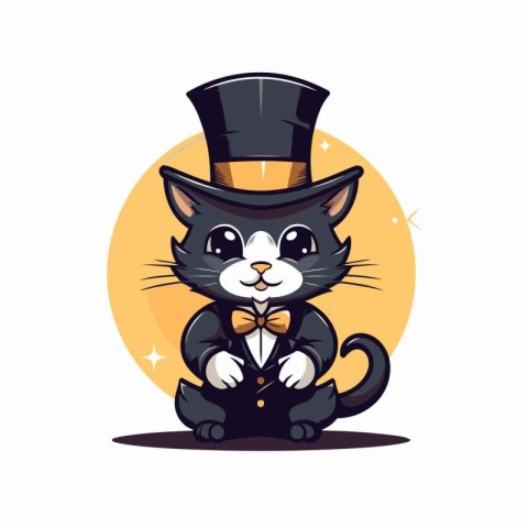 Cute cartoon black cat in a top hat. Vector illustration.