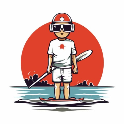 Vector illustration of a young man paddling on a stand up paddle