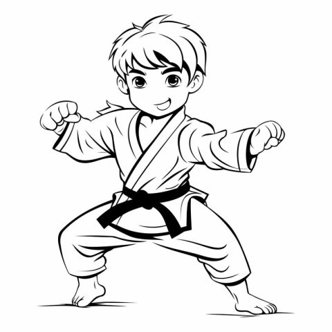 Karate boy. Black and white vector illustration for coloring boo