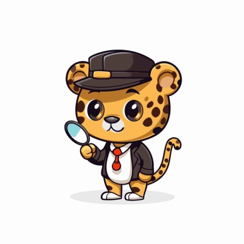 Cheetah detective with magnifying glass cartoon character. Vecto