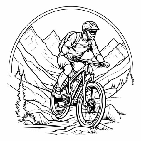 Mountain biker cycling in the mountains. Vector illustration rea