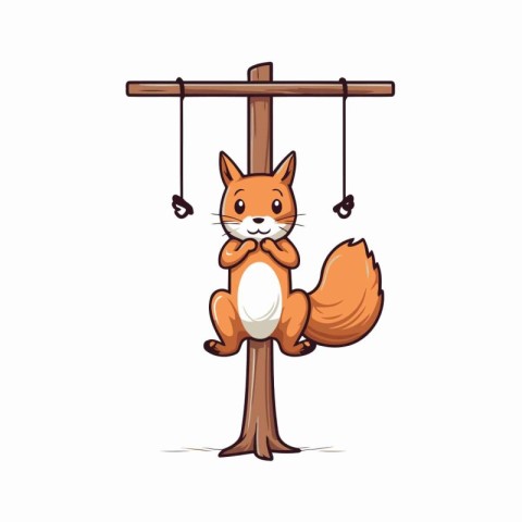 Cute cartoon squirrel hanging on a wooden pole. Vector illustrat