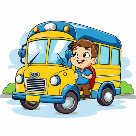 Cartoon schoolboy riding a school bus. Vector clip art illustrat