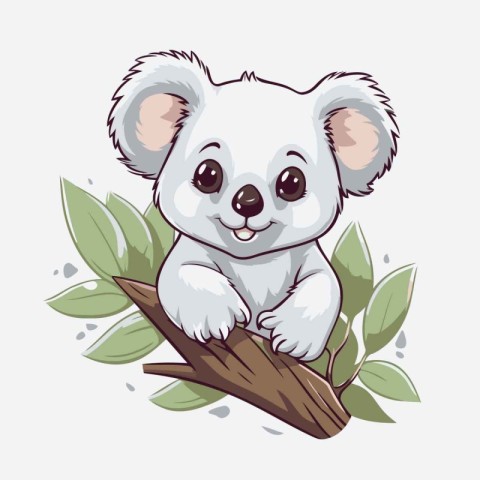 Cute koala bear on a branch with leaves. Vector illustration.