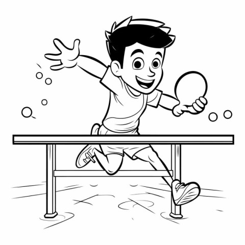 Black and White Cartoon Illustration of Kid Playing Table Tennis