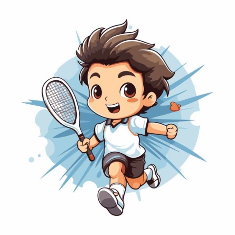 Cartoon boy playing tennis. Vector illustration isolated on whit