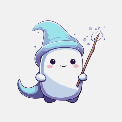 Cute cartoon ghost holding a magic wand. Halloween vector illust