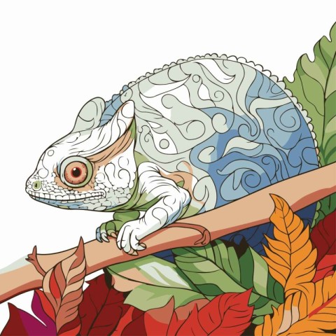 Chameleon on a branch with leaves. Coloring book for adults.