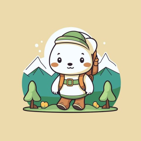 Cute Polar Bear in Mountain Landscape Cartoon Character. Vector