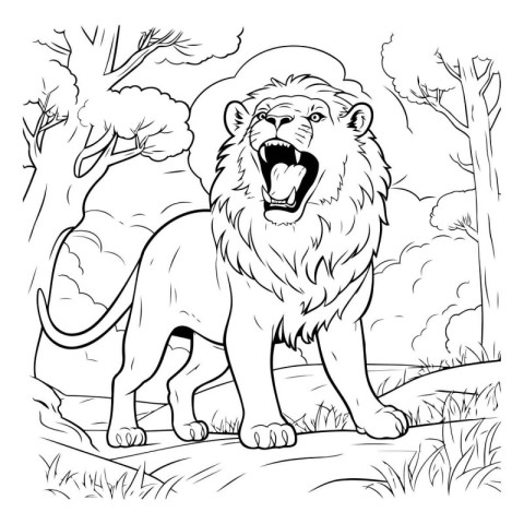 Lion in the jungle - black and white vector illustration for col