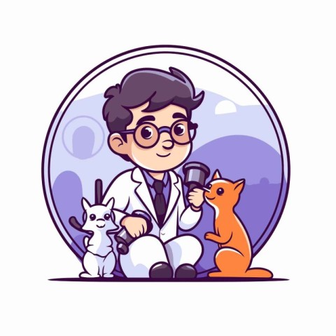 Vector illustration of a boy in a white coat and glasses holding